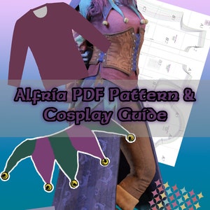 Op de afbeelding: Afbeelding van een cosplaygids met de tekst "Alfría PDF Pattern & Cosplay Guide". De afbeelding toont een paars shirt met lange mouwen, een korset en een rok met patroon. De achtergrond is een verloop van blauw en paars.