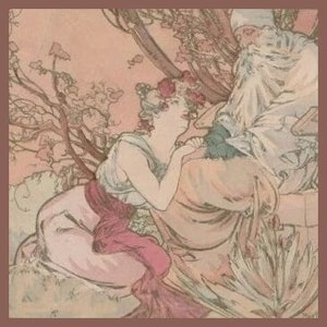 May include: A vintage illustration depicting a woman in a pink dress and a man in a white robe. The woman is kneeling and looking at the man. The man is seated and looking at the woman. The background features a pink and green landscape with trees and flowers.