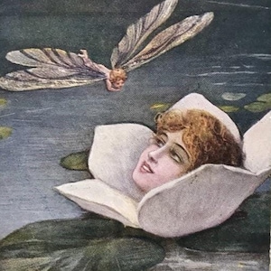 Carte postale d'artiste Art Déco Joli visage dans un nénuphar avec libellule 1921