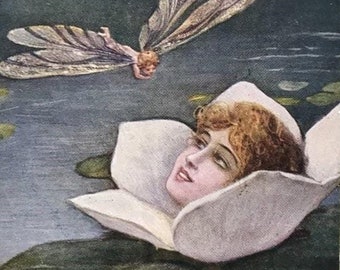 Art Deco Artist Postcard Pretty Face in a Waterlily with Dragonfly 1921