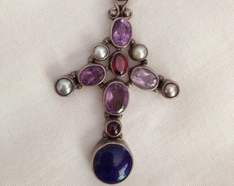 Lapis, Granat, Amethyst und Perle Silber Anhänger.