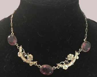 French Stamped Brass and Amethyst Art Nouveau Necklace