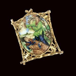 Oriental Couple Porcelain Cherry Blossom Brooch with Filigree Frame Signed Art.