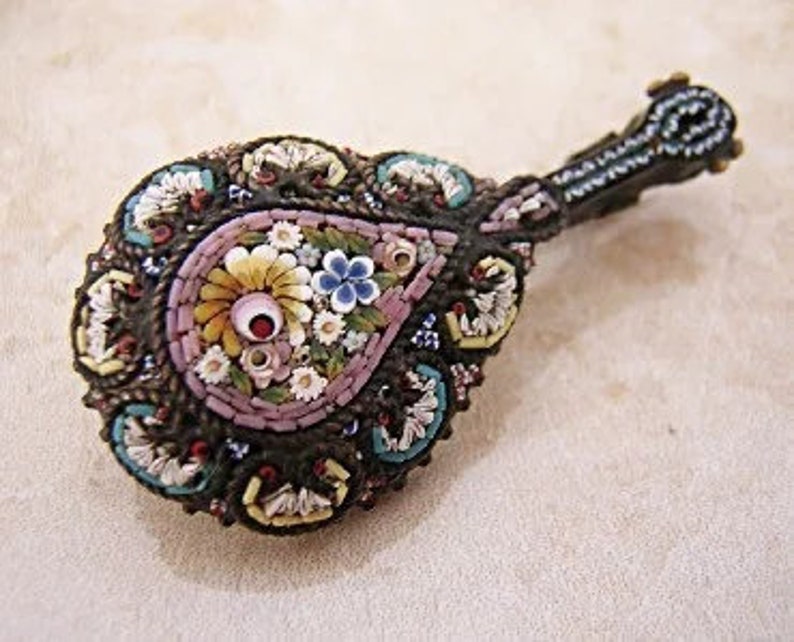 Silver Micro Mosaic Lute BroochPin Grand Tour Venetian