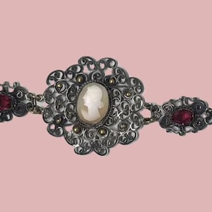 Antique Filigree Italian Silver Shell Cameo Bracelet with Cranberry Glass Stones