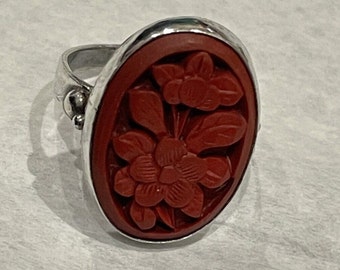 Silver Carved Red Cinnabar Vintage Ring