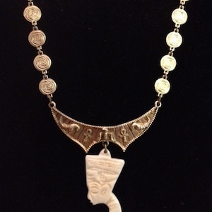 Egyptian Nefertiti Mid Century ART Carved Bone Pendant Necklace signed c1950