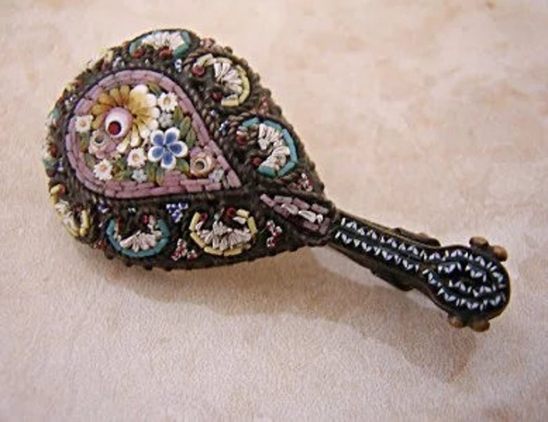 Silver Micro Mosaic Lute BroochPin Grand Tour Venetian