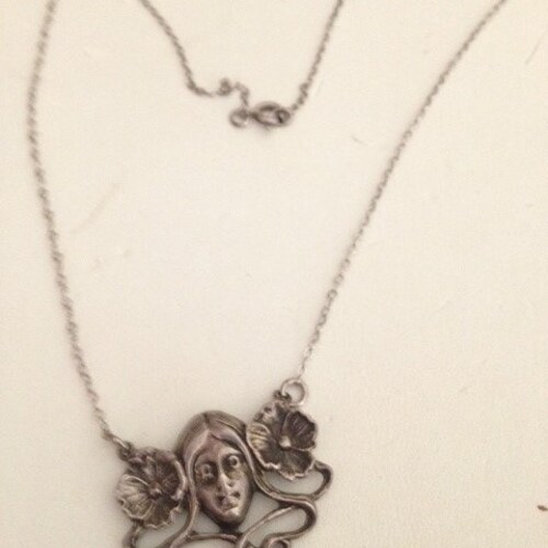 Silver Pendant Necklace Lady and Flowers on Fine link chain shops c1890