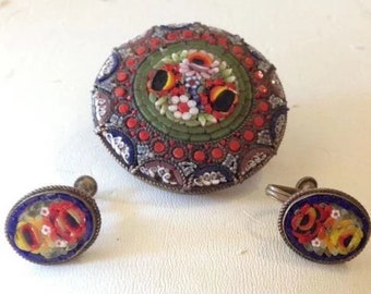 Grand Tour Micro Mosaic Italienne Broche et Boucles d’oreilles Ensemble