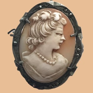 Victorian Silver Marcasite and Carved Shell Cameo Brooch Pendant Italian.