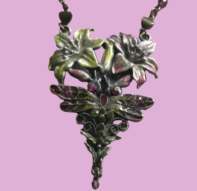 Collier Lavallière Argent Antique – Pendentif Quartz Rose Et Motif Floral – Occasion Vintage