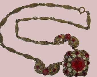 Czech Red Glass, Rhinestone and Filigree Brass Art Nouveau Necklace