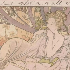 Alphonse Mucha 'Dusk' Signed French Postcard 1899.