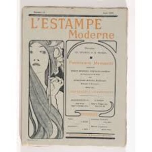 K&ouml;nnte beinhalten: Ein Vintage-Magazincover f&uuml;r L'Estampe Moderne mit einer Schwarzwei&szlig;illustration einer Frau mit langen, wallenden Haaren. Der Titel auf dem Cover lautet "L'Estampe Moderne" und "Femmes  Modernes".