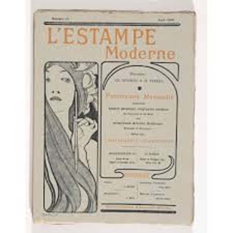 K&ouml;nnte beinhalten: Ein Vintage-Magazincover f&uuml;r L'Estampe Moderne mit einer Schwarzwei&szlig;illustration einer Frau mit langen, wallenden Haaren. Der Titel auf dem Cover lautet "L'Estampe Moderne" und "Femmes  Modernes".