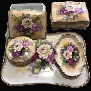 Meridian Porcelain Dressing Table Vanity Set Hand Painted and Gilded Mid Century Japan