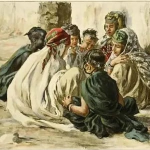 May include: An antique painting depicts a group of people in traditional attire, gathered closely together. The figures, some wearing headscarves, are positioned in a circle, with a neutral background. The color palette is muted, with earthy tones.