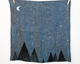 Linen Bento Wrap | navy | pine trees, moon and stars print | 20" x 20" | printed + sewn by hand | night in the wilderness