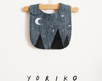 Starry Night bib | moon and stars | woods | hand-stenciled | navy linen baby bib