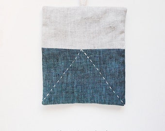 Up Linen Patchwork Pot Holder | gray + navy combination with modern sashiko embroidery | off white cotton loop