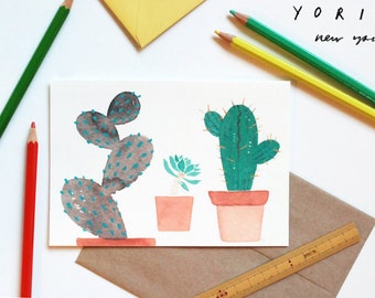 Cactus / Succulents blank card | multi purpose greeting card | green + brown | A6 | 4.5"h X 6.25"w, folded