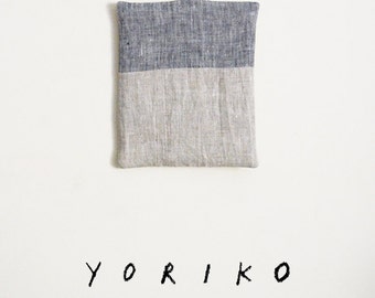 Linen Patchwork Pot Holder | denim blue + gray combination | off white loop