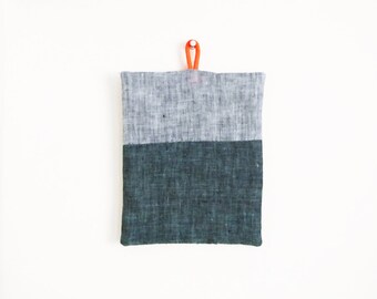 Linen Patchwork Pot Holder | denim blue + navy combination | neon orange loop