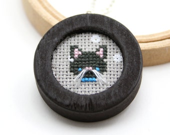 Cat necklace Cross stitch necklace Embroidery Necklace Kitten necklace Cat Jewelry Animal jewelry Pet portrait Crazy cat lady Black cat