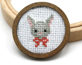 Bunny cross stitch brooch - Hand embroidered brooch - rabbit cross stitch brooch