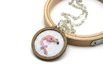 Flamingo cross stitch necklace - Hand Embroidered Necklace - bird cross stitch necklace