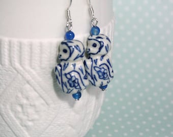 White and blue porcelain monkey earrings