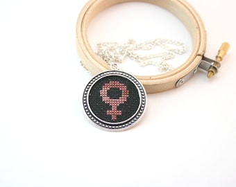 Feminist necklace Feminist cross stitch Embroidery Necklace Female symbol Pink necklace Cross stitch necklace Feminist symbol Venus symbol