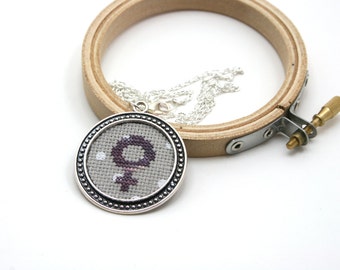 Feminist necklace Feminist cross stitch Embroidery Necklace Female symbol Purple necklace Cross stitch necklace Feminist symbol Venus symbol