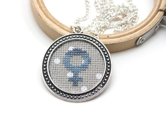 Feminist necklace Feminist cross stitch Embroidery Necklace Female symbol Blue necklace Cross stitch necklace Feminist symbol Venus symbol