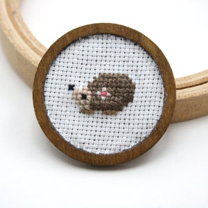 Hand embroidered brooch Cute cross stitch hedgehog brooch image 1