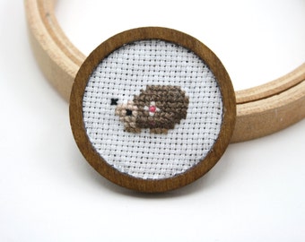 Hand embroidered brooch - Cute cross stitch hedgehog brooch