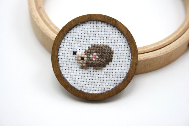 Hand embroidered brooch Cute cross stitch hedgehog brooch image 1