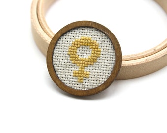 Female symbol brooch Cross stitch brooch Yellow brooch Embroidered brooch Feminist brooch Venus brooch Feminist symbol Cross stitch jewelry