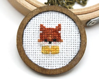 Fox necklace Cross stitch necklace Animal jewelry Fox jewelry Woodland necklace Yellow bow tie Animal necklace Cross stitch jewelry Cute fox