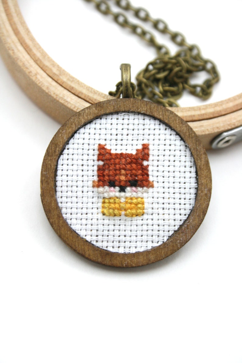 Fox necklace Cross stitch necklace Animal jewelry Fox jewelry Woodland necklace Yellow bow tie Animal necklace Cross stitch jewelry Cute fox image 1