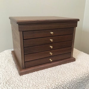 Handcrafted Walnut Jewelry Box - 5 Drawers with Top Tray