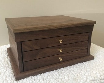 Handcrafted Walnut Jewelry Box - 3 Drawers with Top Tray