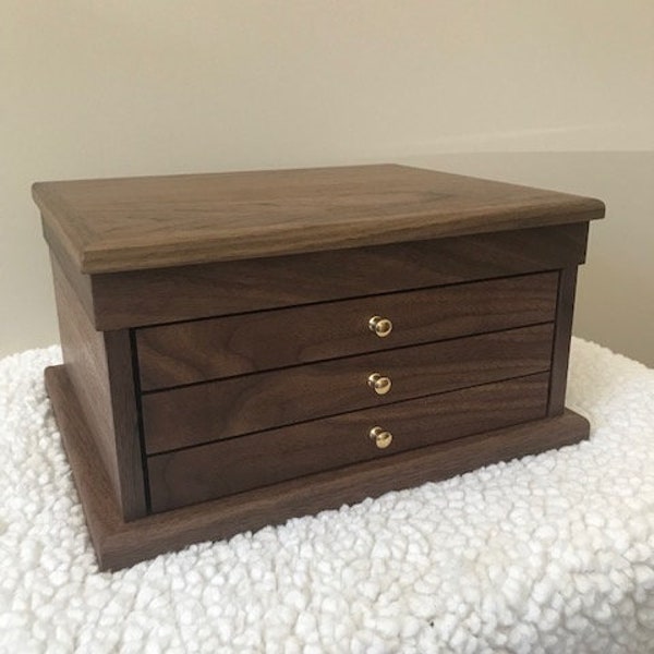 Handcrafted Walnut Jewelry Box - 3 Drawers with Top Tray