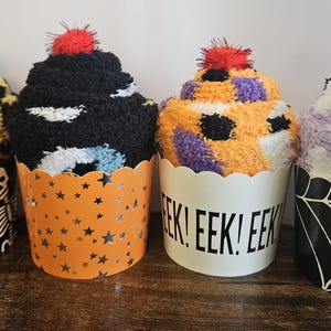 Halloween Fuzzy Sock Cupcake, Spooky Basket Gift