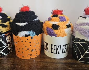 Halloween Fuzzy Sock Cupcake, Spooky Basket Gift