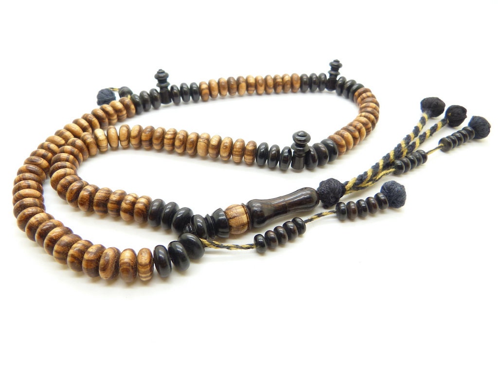 Rare Chapelet Islamique Tasbih Subha Misbaha Shadhili en Ébène Blanc et Ébène