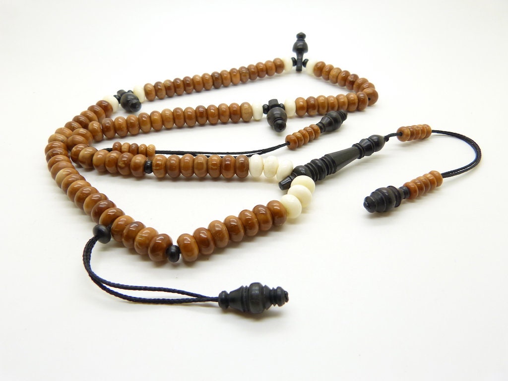 Chapelet Islamique Tasbih Subha Misbaha Shadhili en Kuka, Ébène et Os
