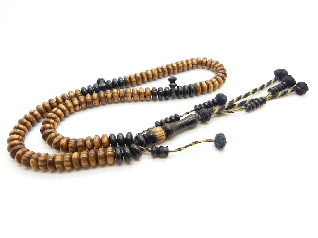 Rare Chapelet Islamique Tasbih Subha Misbaha en Ébène Blanc et 99 Perles