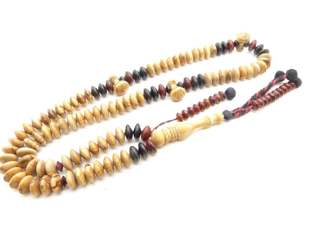 Chapelet Shadhili en Olivier, Ébène et Bois de Sang Tasbih Sebha Misbaha Subha